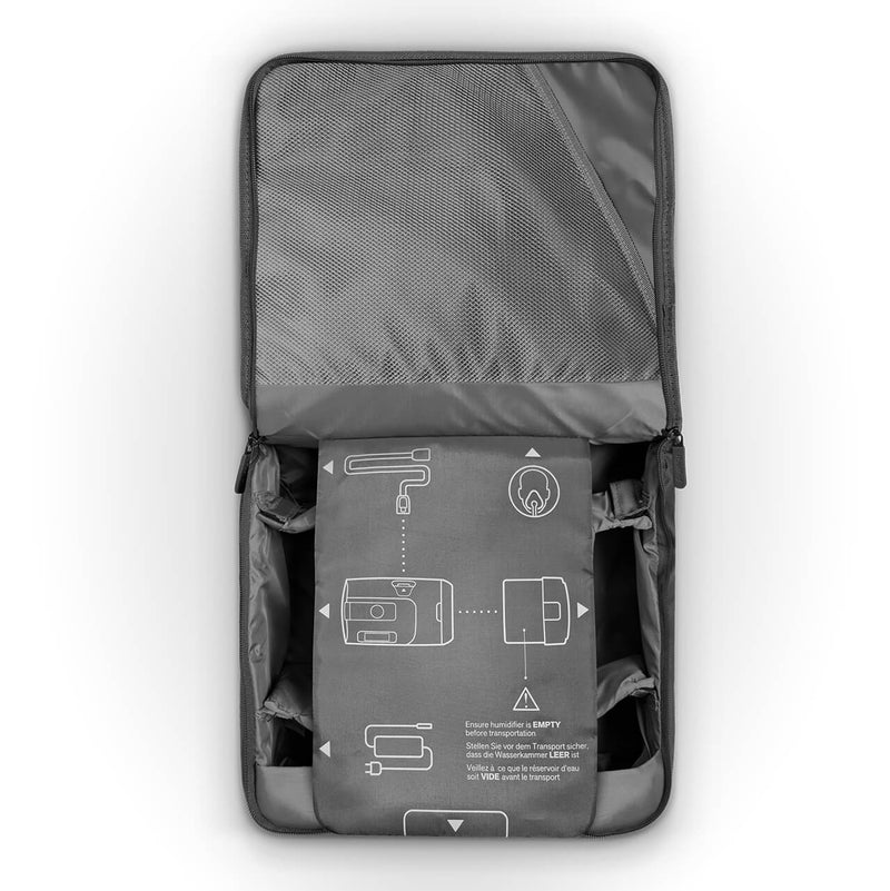 CPAP Travel bag for AirSense 11 in dark grey, the bag is open to show the different places you can put your cpap components