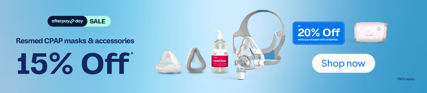 Promotional banner for Resmed CPAP masks and accessories with a 15% off sale. The image shows a full face mask, two mask cushions, liquid soap bottle, and an AirMini device against a light blue gradient background, with Afterpay Day sale badges and a 'Shop now' button.