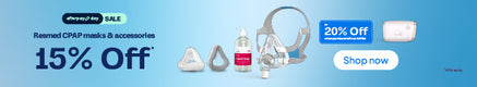 Promotional banner for Resmed CPAP masks and accessories with a 15% off sale. The image shows a full face mask, two mask cushions, liquid soap bottle, and an AirMini device against a light blue gradient background, with Afterpay Day sale badges and a 'Shop now' button.
