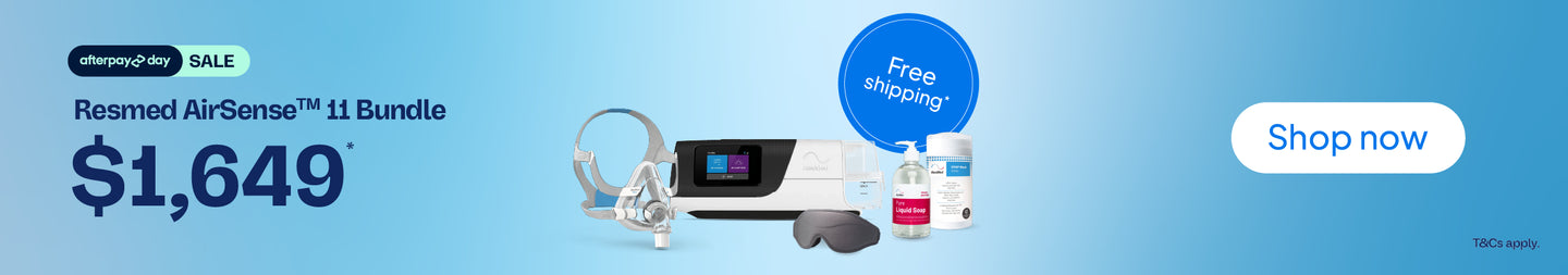 Resmed AirSense 11 bundle promotional banner featuring the AirSense 11 device, mask, eye mask, and cleaning kit on a light blue gradient background with sale text and a free shipping badge.