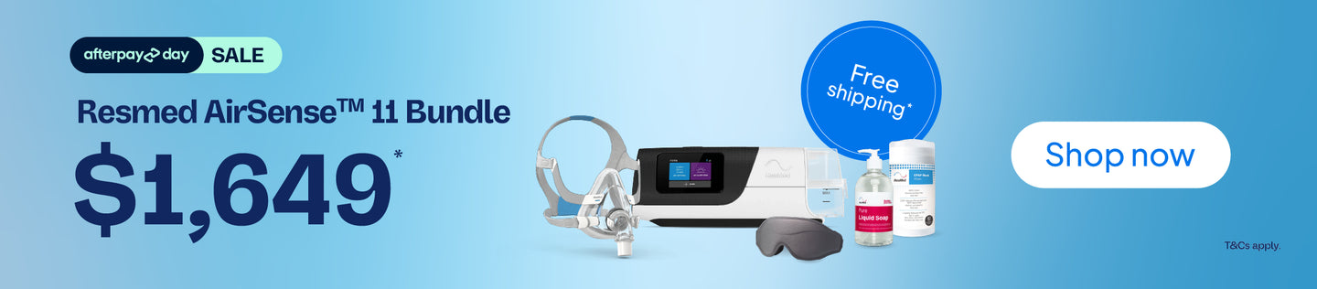 Resmed AirSense 11 bundle promotional banner featuring the AirSense 11 device, mask, eye mask, and cleaning kit on a light blue gradient background with sale text and a free shipping badge.