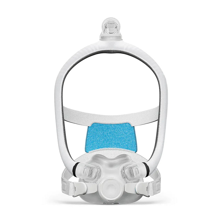 F30i CPAP mask with blue headgear on a white background