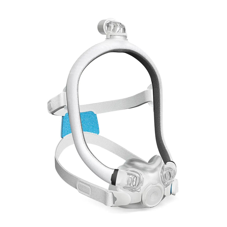 F30i CPAP mask with headgear on a white background, the view is on the right side of the mask