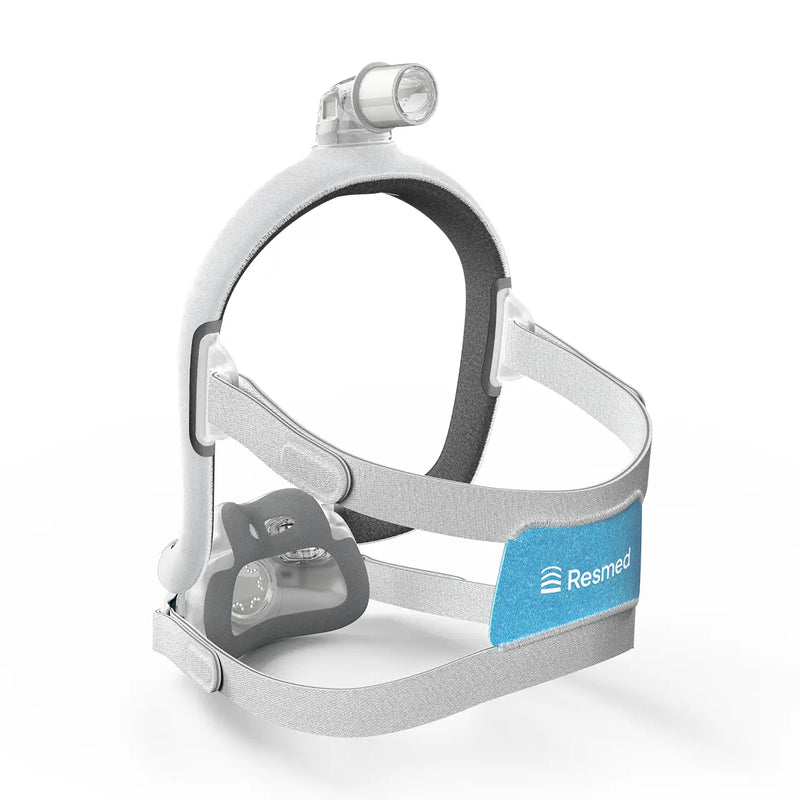 The AirTouch F30i is facing the back, the headgear is blue, showing the velvet interior
