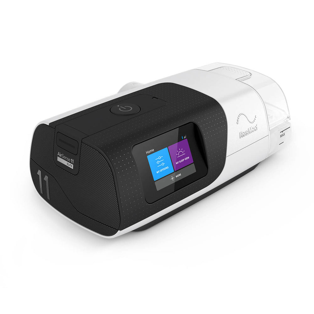 ResMed AirSense 11 CPAP Machine Elite Fixed Pressure on white background tilting to the right