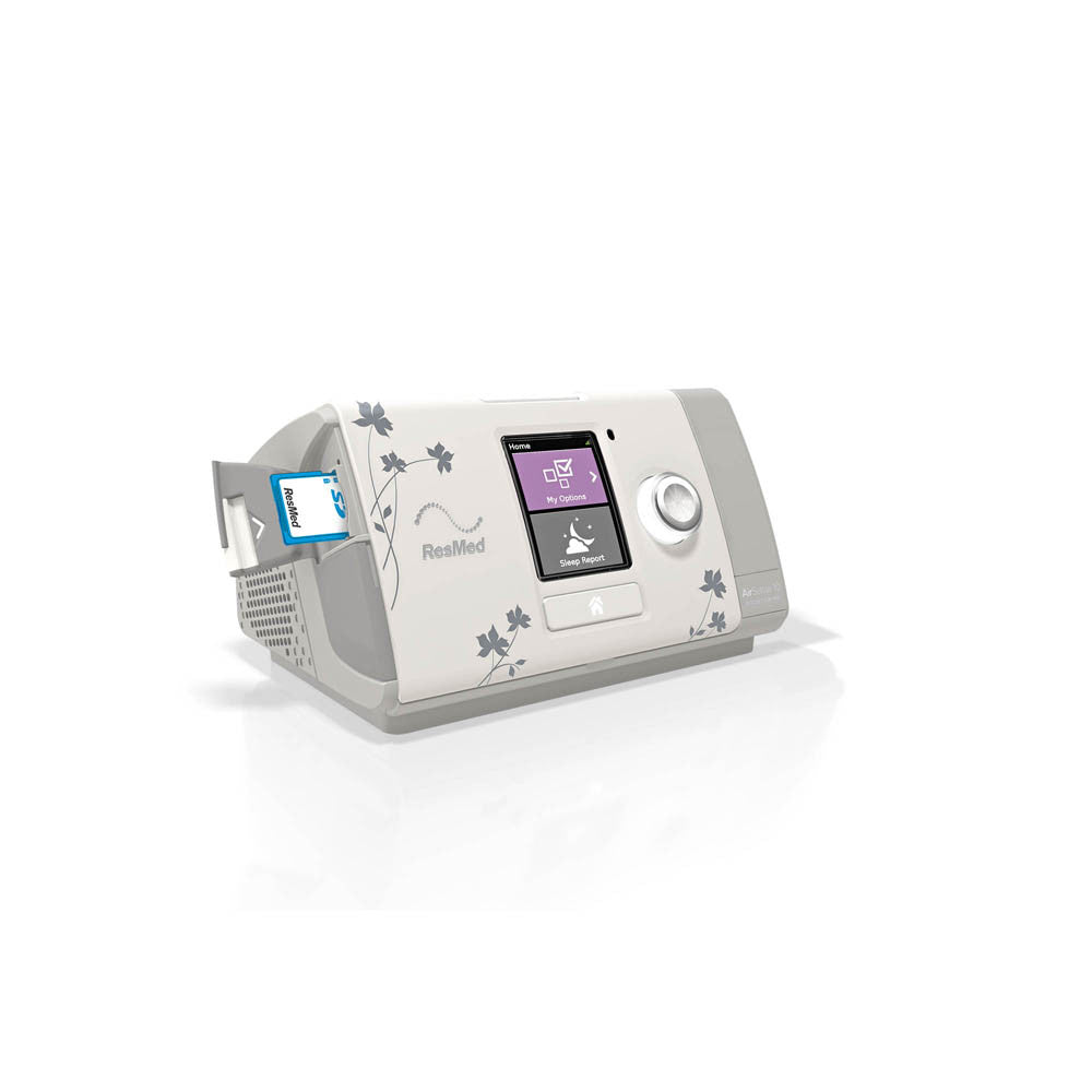 ResMed AirSense 10 for Her Auto Machine tilted to the right with an SD card inserted