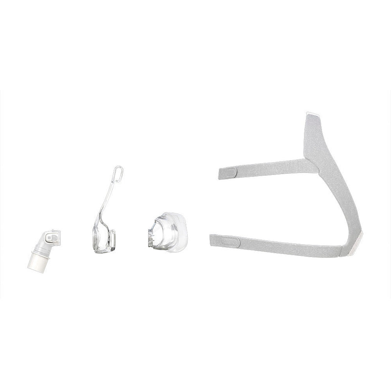 ResMed AirFit N20 Classic parts from left to right : Headgear, cushion, frame and connective elbow