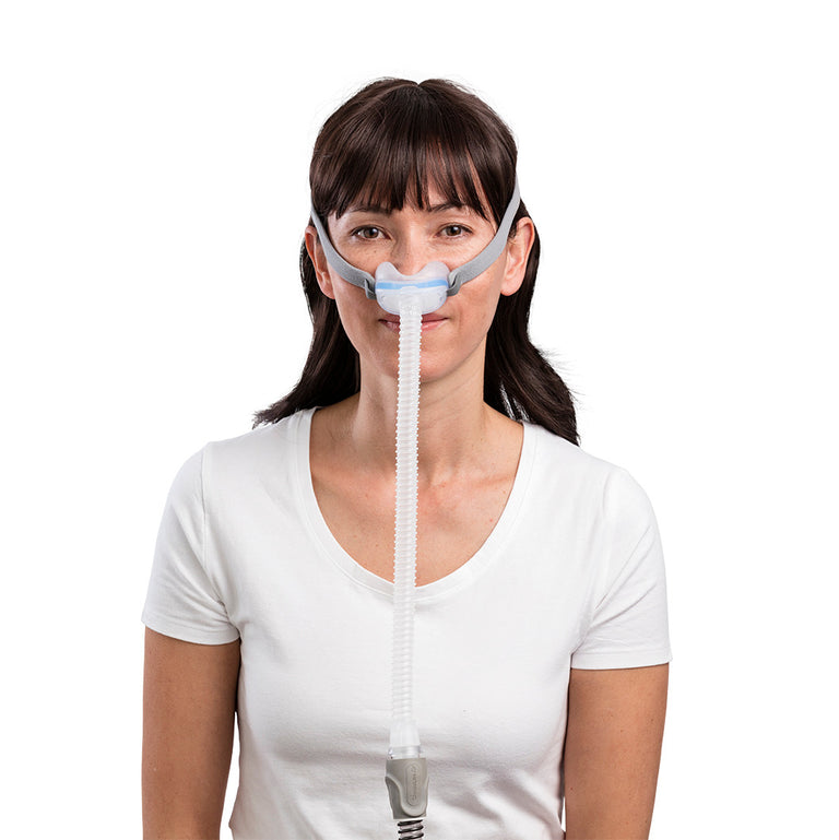 woman wearing ResMed AirFit N30 Nasal Cradle Mask